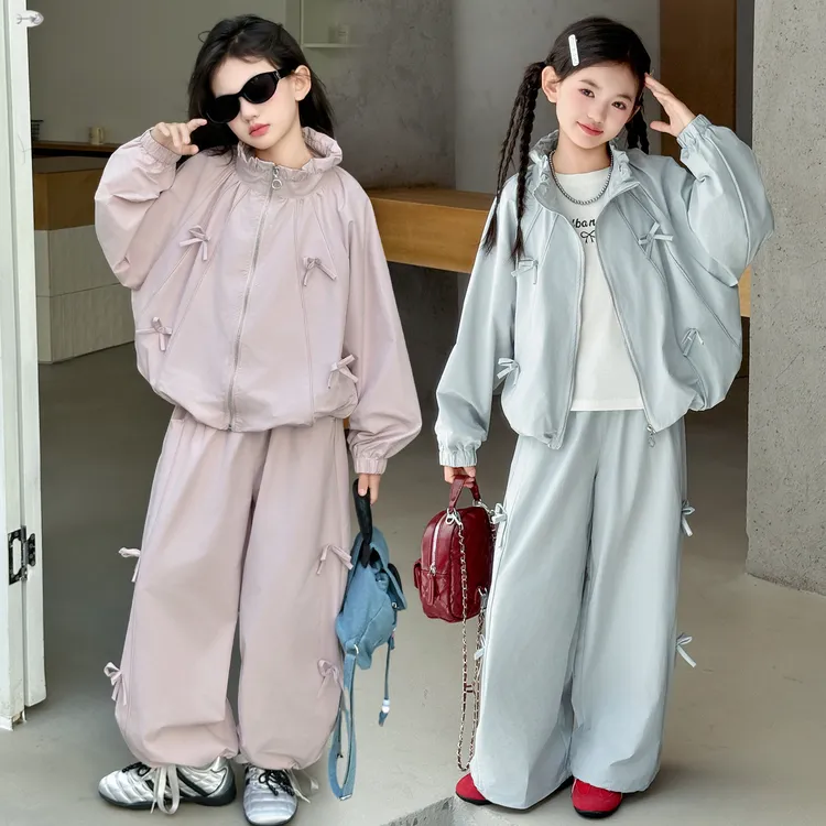 女童春秋季套装2025新款中大童运动蝴蝶结工装外套长裤休闲两件套