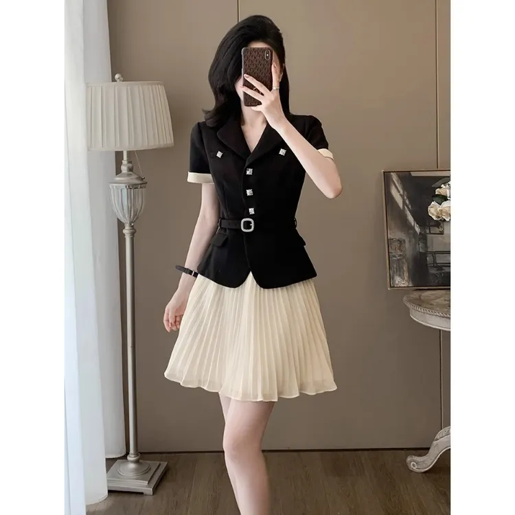 0674夏季短袖时尚轻奢御姐气质洋气短裙两件套西装套装女高级感