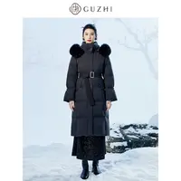 固执2024秋冬新款带帽高领保暖厚毛领90白鸭绒中长款羽绒服外套女