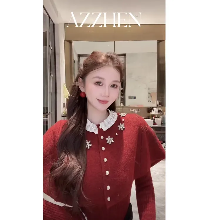 AZZHEN【花步舞曲】高织钉珠珍珠扣披肩斗篷针织上衣AZ5PBT23