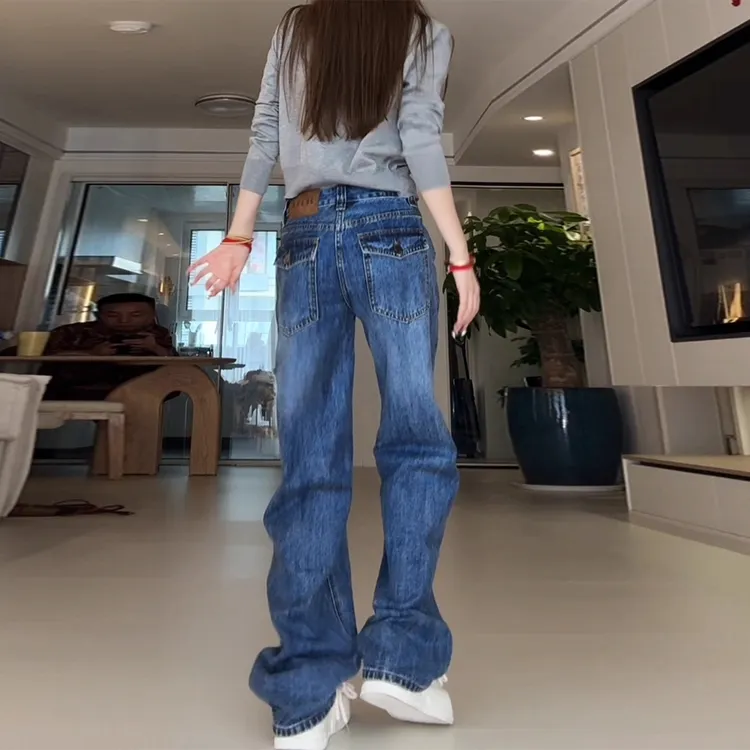 美式后口袋阔腿牛仔裤女2025秋冬新款复古窄版直筒显瘦拖地长裤子
