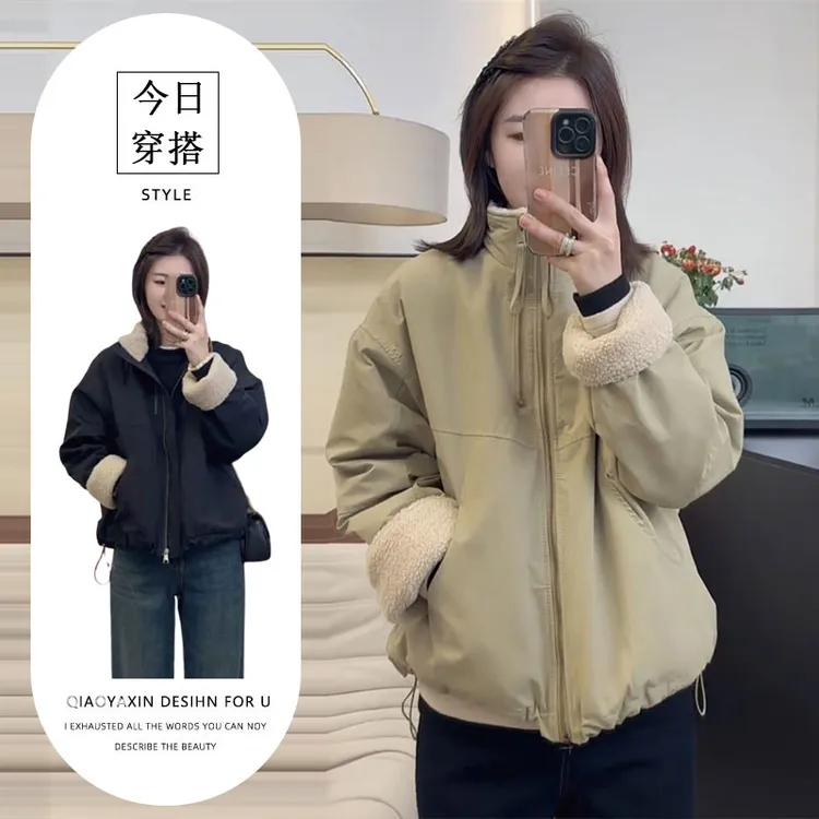 双拉链棉衣休闲2025秋冬新款加厚夹克宽松休闲时尚外套女款