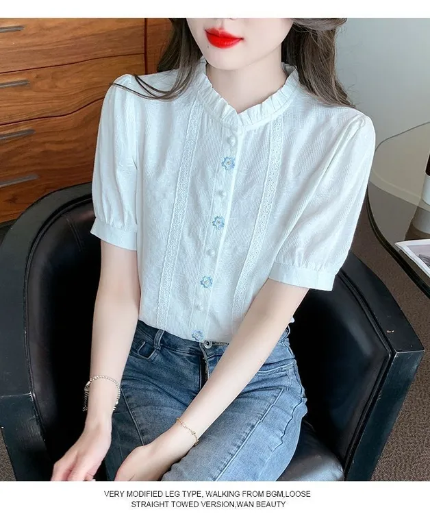 （全额运费补贴）100%棉新款木耳边立领纯棉衬衫女打底衫高级感刺绣