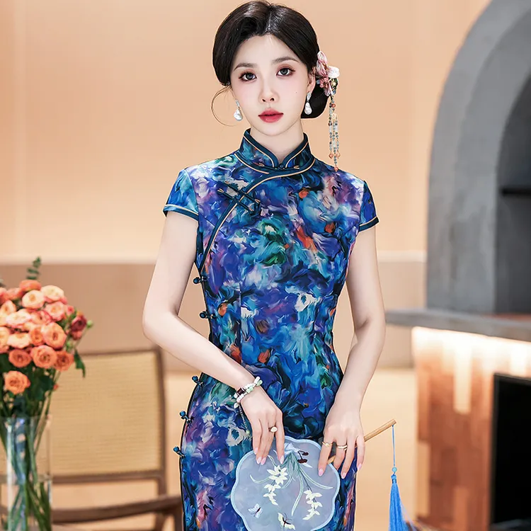 新中式旗袍高端2025夏季老上海日常可穿改良裙子蓝色素雅国风礼服