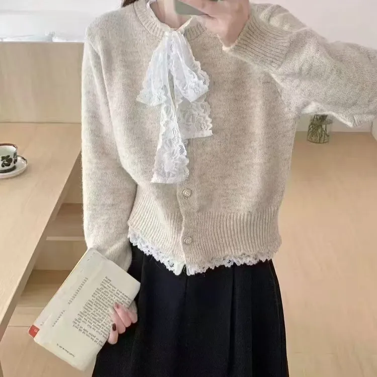 时尚百搭秋冬季蝴蝶结毛针织衫百搭蕾丝时尚秋冬女士开衫毛衣外套