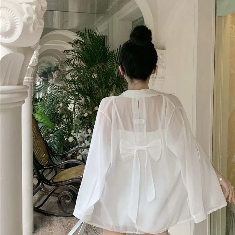 设计感蝴蝶结露背防晒衬衫外套2025新款薄纱雪纺冰丝开衫衬衣女夏
