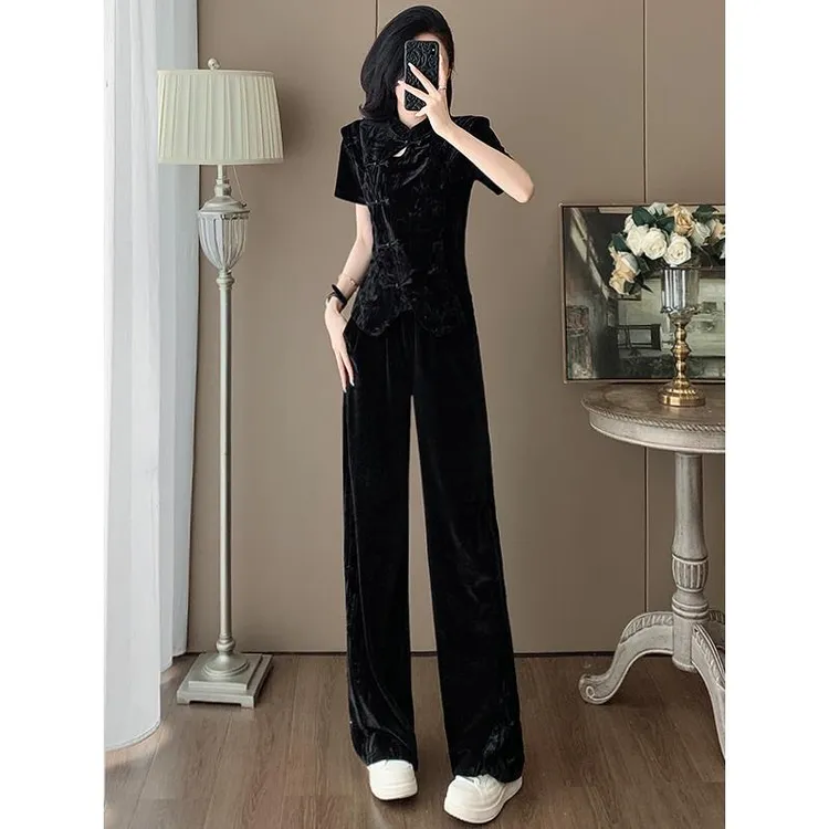 新中式国风休闲时尚套装女夏高端黑色金丝绒短袖上衣阔腿裤两件套