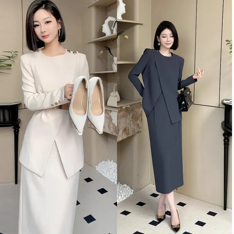 大码流行早秋一整套法式气质干练大方不规则开叉上衣半身裙两件套