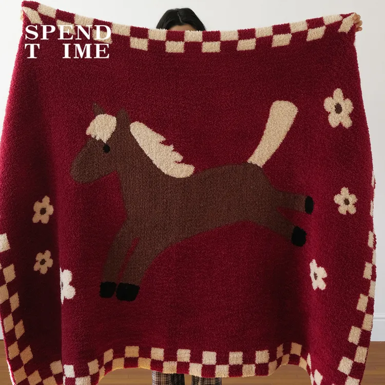 Spendtime原创马年新年毯高克重半边绒沙发盖毯红色过年礼物毯