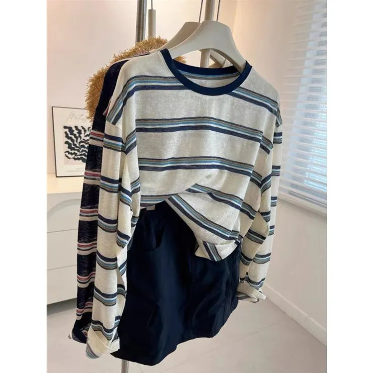 3421#特价 大码240斤 复古条纹撞色薄款长袖T恤女宽松慵懒防晒衫