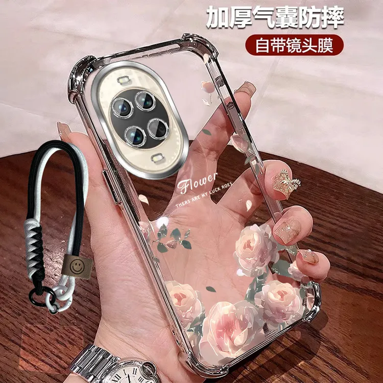 适用华为nova14活力版手机壳四角防摔透明全包带镜头膜玫瑰花时尚