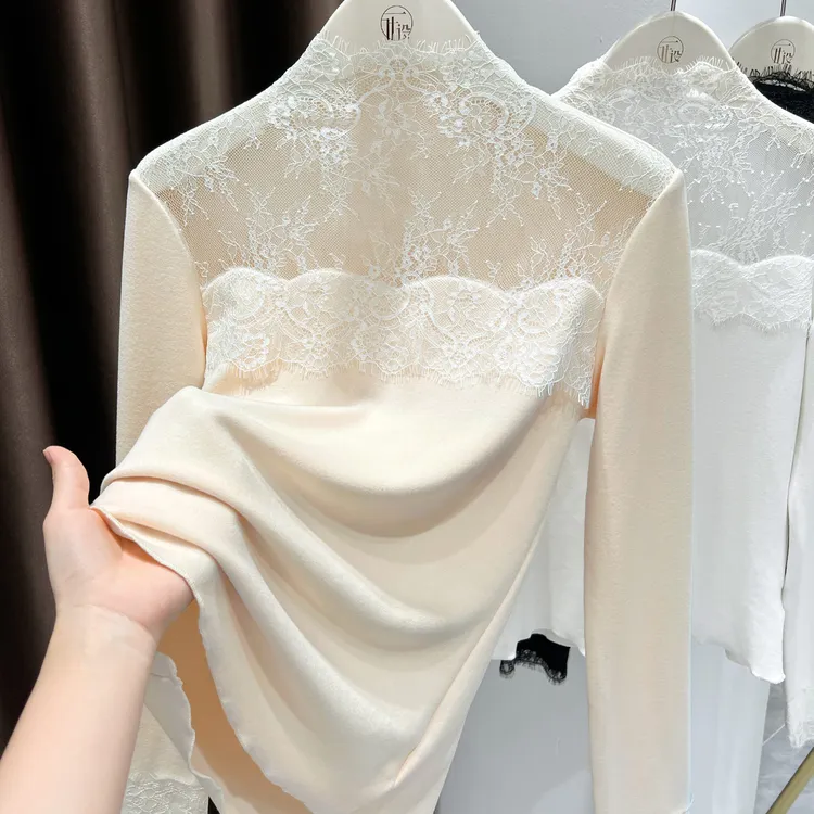 杏色百搭蕾丝拼接半高领长袖T恤上衣女秋冬季新款德绒保暖打底衫