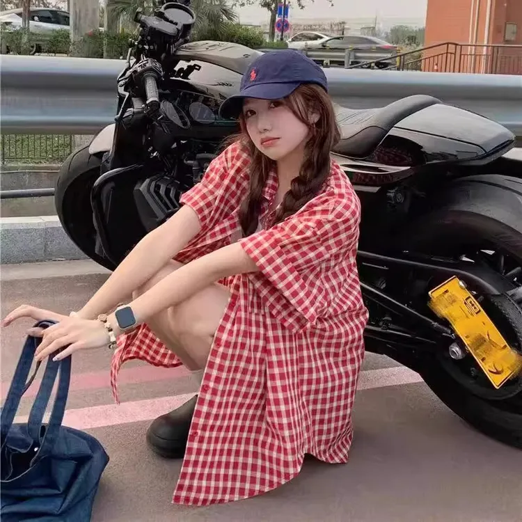 美式复古红色格子短袖衬衫女夏季薄款慵懒风衬衣大码宽松防晒外套