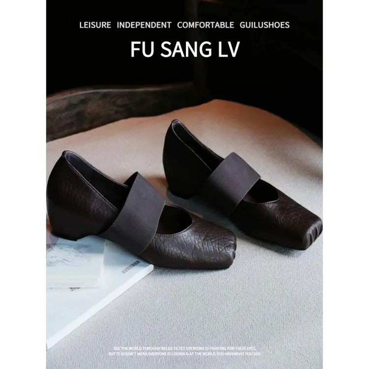 羊皮版~2025新款复古风方头松紧带百搭内增高浅口玛丽珍芭蕾单鞋