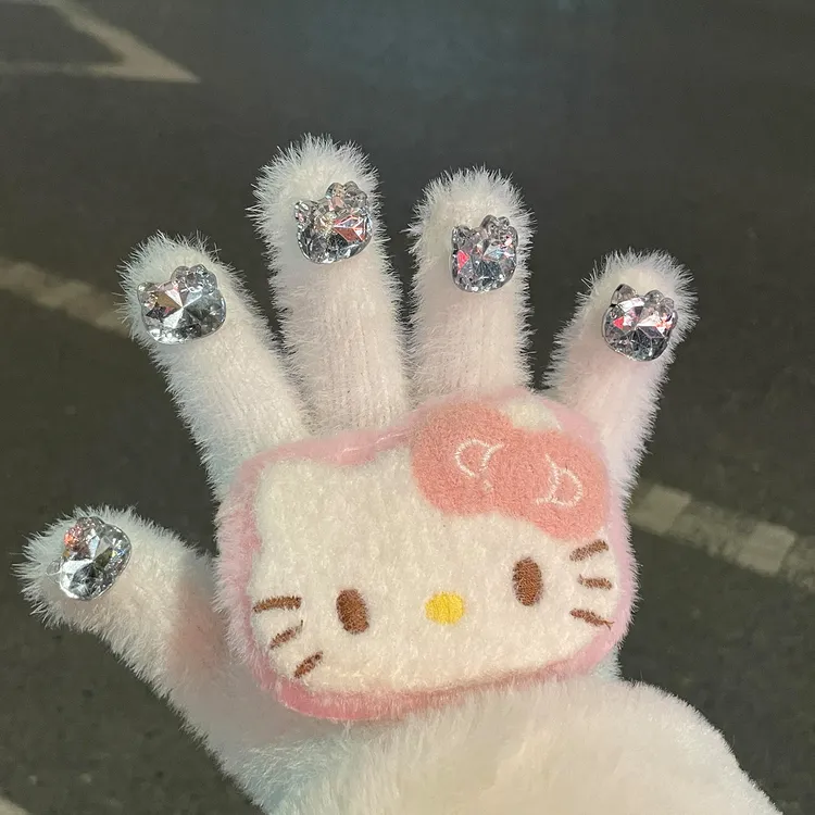 闪钻哈喽Kitty棉手套可爱秋冬季御寒保暖分指骑行加厚防风手套