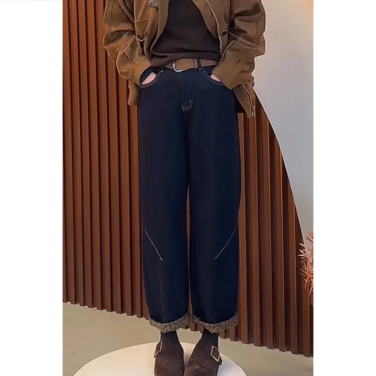 艾塔莉新款个性韩版牛仔裤秋季宽松百搭直筒老爹裤水洗复古阔腿裤