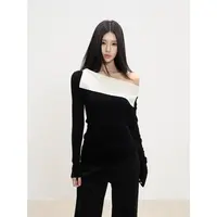 withmin凉皮 斜肩上衣秋季露肩打底衫女内搭套头修身长袖t恤2566