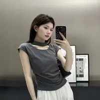 2025夏季新款韩版时尚气质百搭U型领挂脖T恤收腰显瘦小众上衣女潮