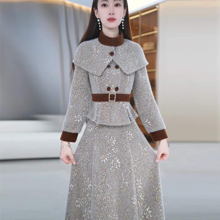 玖慕时尚穿搭套装裙女冬季2025新款显瘦减龄立领上衣半身裙两件套