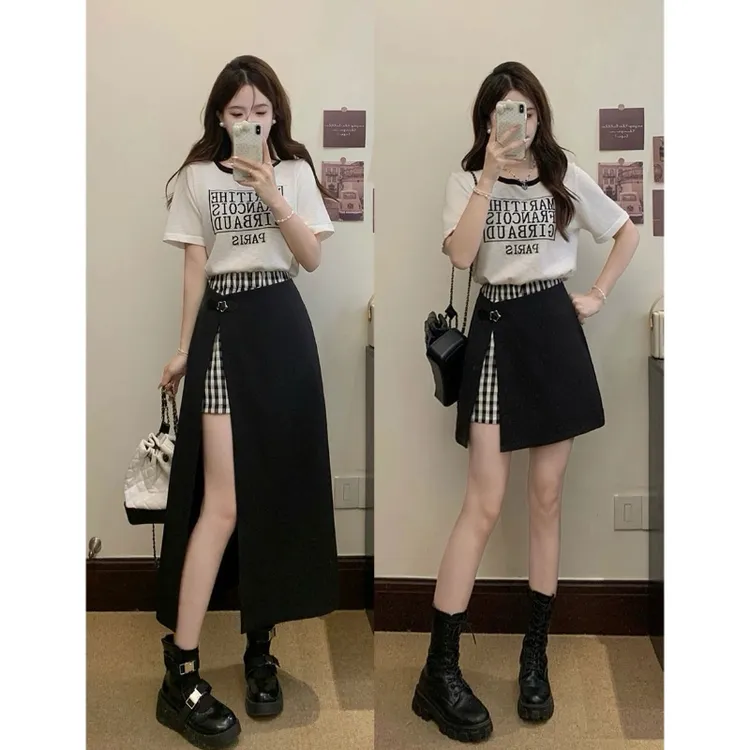 MO88ZSPF大码【曼谷热浪】针织短袖T恤假两件裙裤胖MM洋设计感穿搭