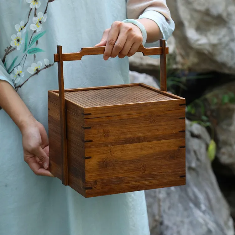 中式茶盒竹制茶具带盖收纳盒点心盒便携式户外野餐家用手提盒木制