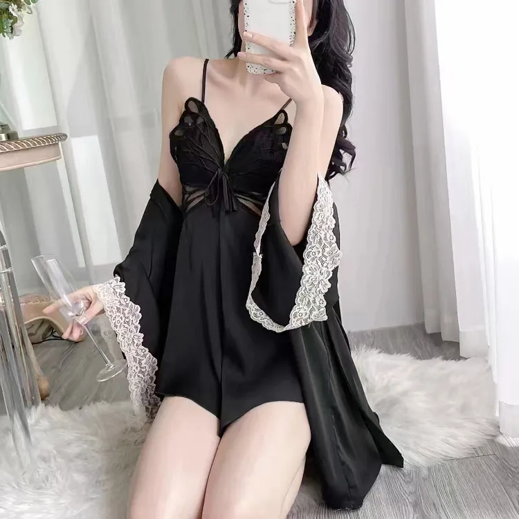 睡衣女夏季冰丝长袖吊带睡裙睡袍套装春秋性感蕾丝诱惑家居服