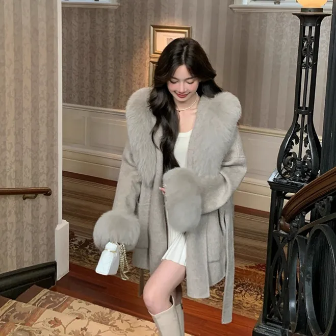 皮草秋冬“奶芙佳人”真狐狸毛领连帽双面呢大衣级感羊毛呢子外套