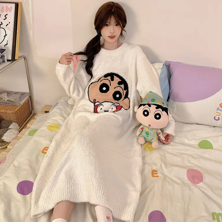 【蜡笔小新联名】半边绒睡袍长袖睡裙女士秋冬季保暖加厚睡衣家居服