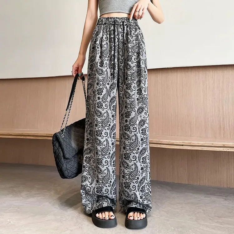 超薄女裤印花高腰阔腿垂感直筒宽松拖地夏季薄款休闲