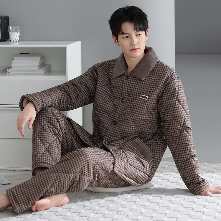 睡衣男士冬季三层加厚加绒梭织纯棉夹棉秋冬款珊瑚绒加大码家居服