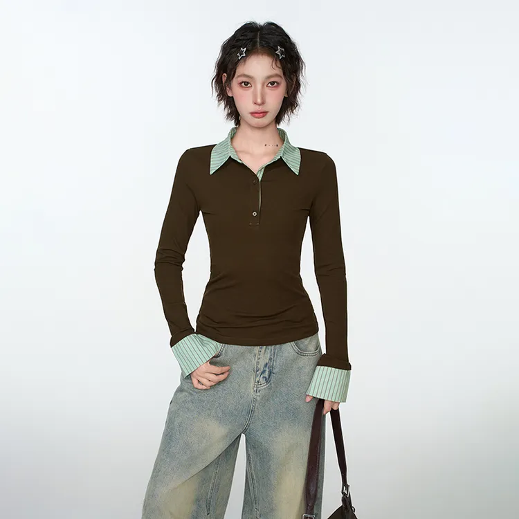 咖色假两件条纹polo领长袖t恤女秋季秋冬修身短款内搭打底衫上衣