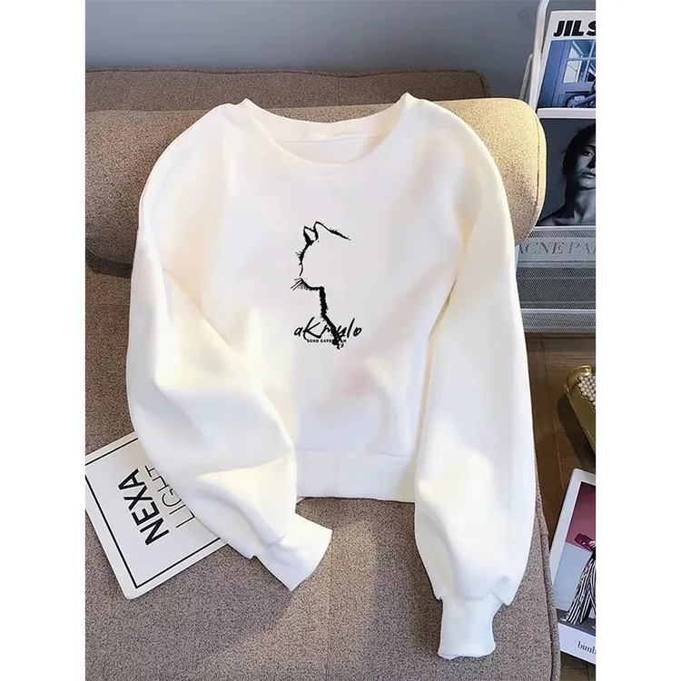 2025秋冬新款设计感小众圆领短款卫衣女宽松高腰小个子加绒上衣潮