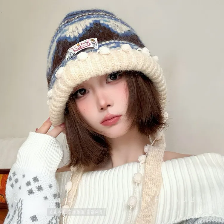 费尔岛复古针织巴拉克拉法帽女秋冬显脸小包头帽加厚保暖护耳帽子