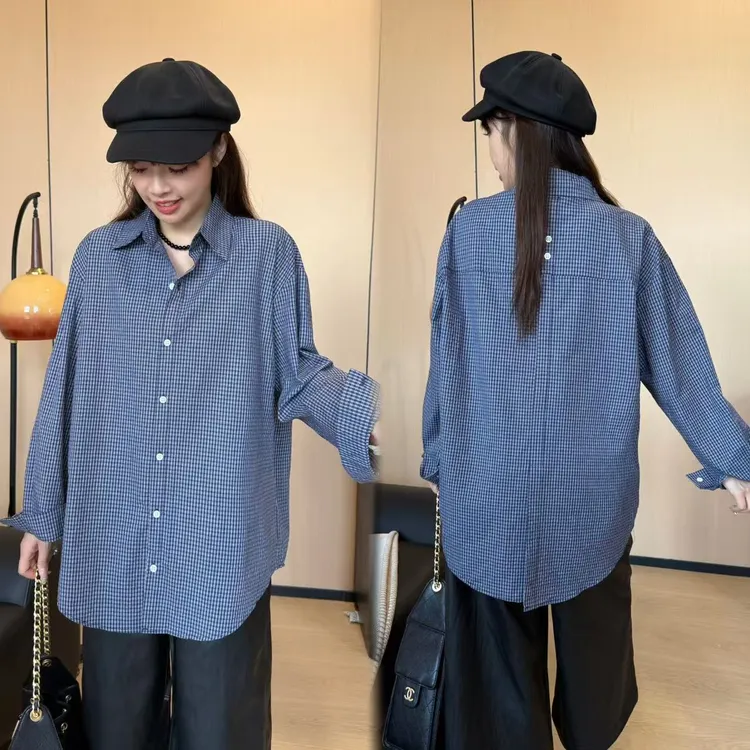 二姐的宝藏2025新款小众设计感极简风蓝色细格纹百搭衬衫#25284