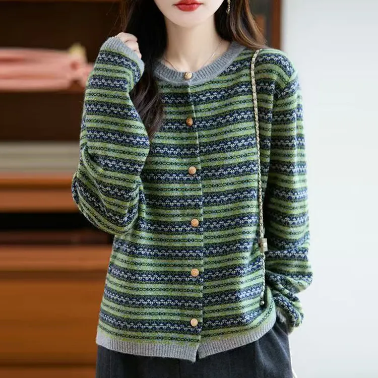 早秋条纹提花针织开衫外套女2025新款春秋外搭洋气大码女装上衣