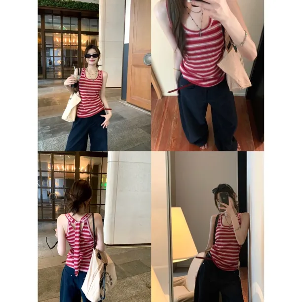 夏季外穿红色条纹针织吊带背心别致绝美内搭港风无袖上衣