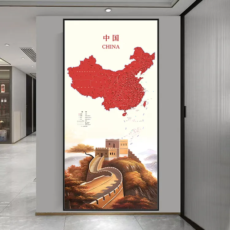 玄关走廊过道装饰画万里长城靠山图中国地图中式山水画自粘贴壁画