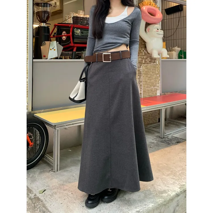 覆古灰色半身裙女秋季百搭垂感休闲裙子显瘦高腰大摆半裙a字长裙