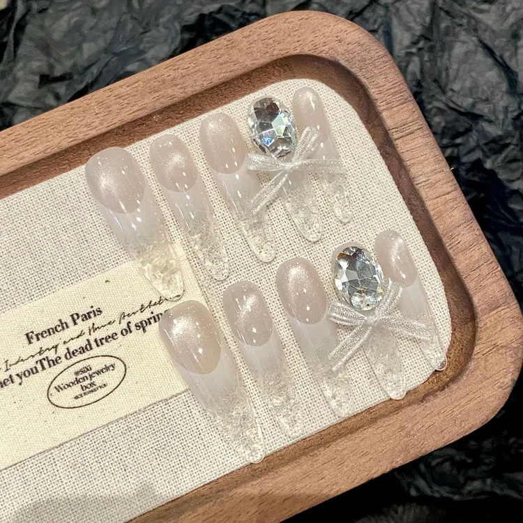 【碎碎冰】法式猫眼爆闪碎钻纯手工穿戴甲显白可拆卸穿戴