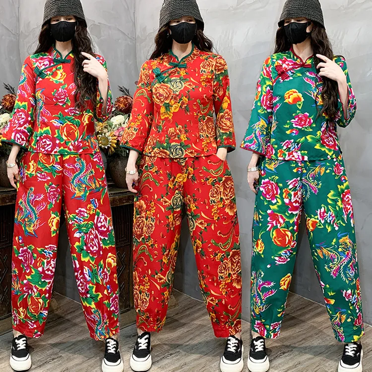 东北大花布演出服二奶奶二人转姐妹聚会装广场舞蹈秧歌打鼓服套装