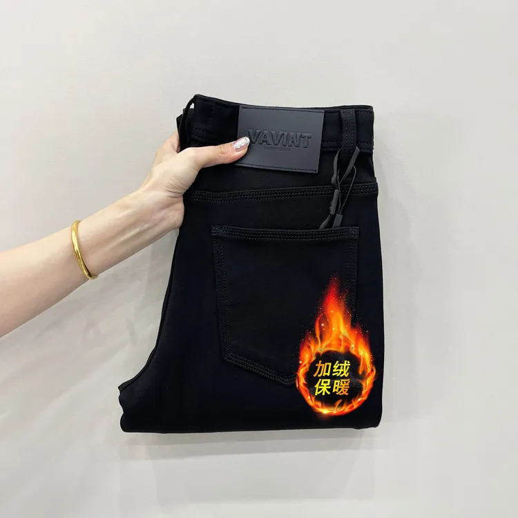 2025《加绒冬款》一体厚绒纯黑防褪色弹力修身直筒裤水洗男士牛仔裤