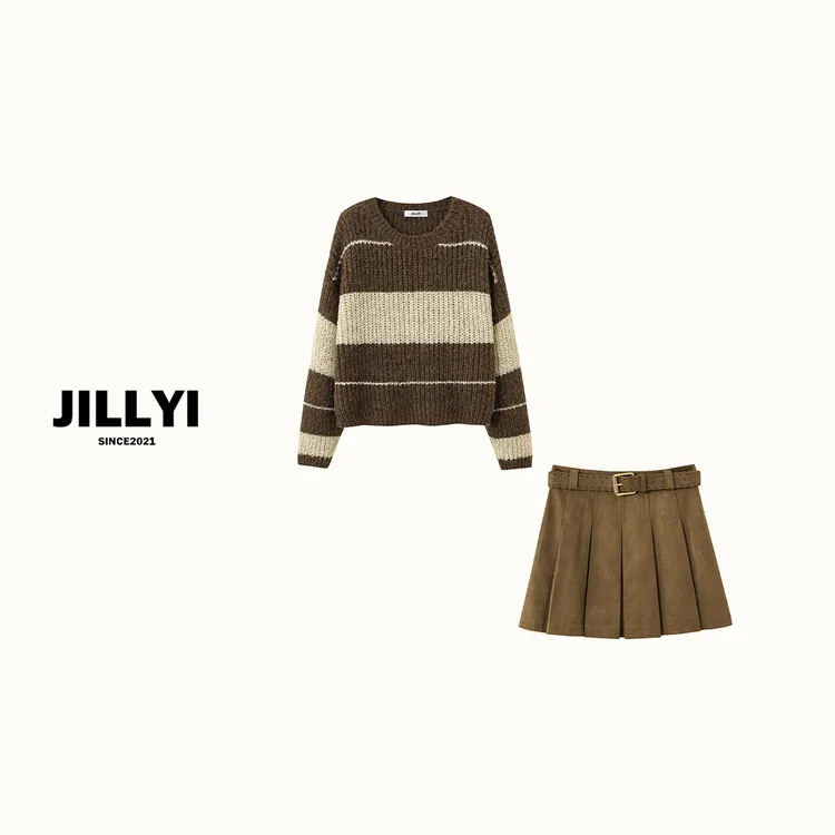 JILLYI【慵懒条纹+蜜糖红茶】棕色条纹慵懒风针织上衣+棕色半裙套装