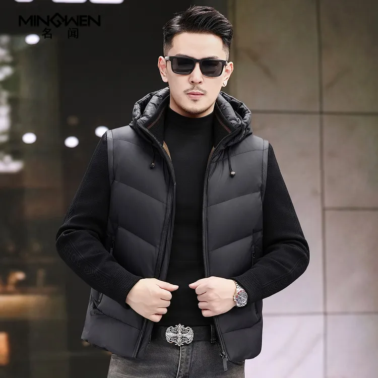 连帽羽绒服男冬季加厚短款时尚潮流高级感可拆卸针织袖子马甲外套