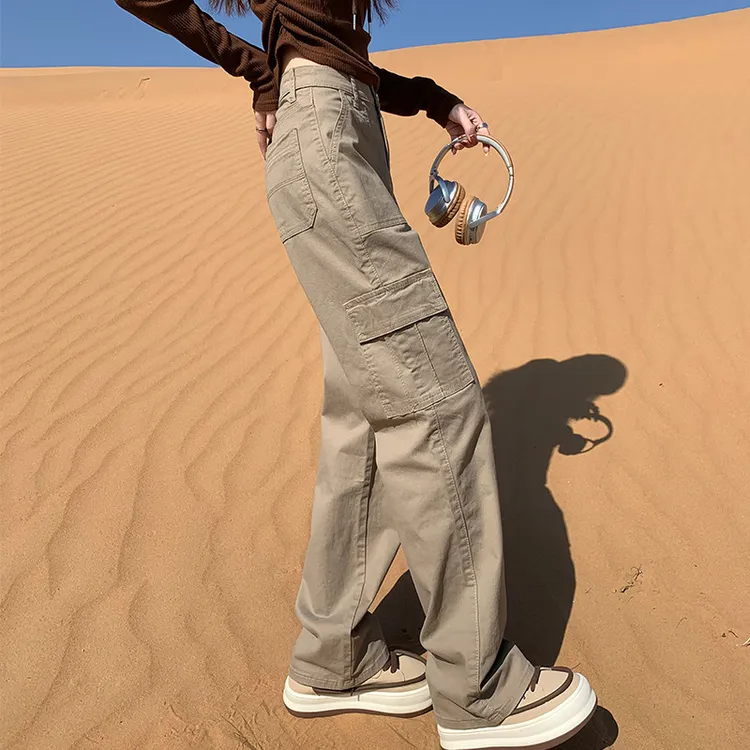 卡其色阔腿工装牛仔裤女薄款2025年新款高腰显瘦运动休闲直筒裤子