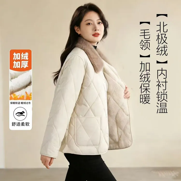 加绒加厚棉服翻领毛领厚款女士纯色翻领棉衣韩版棉服