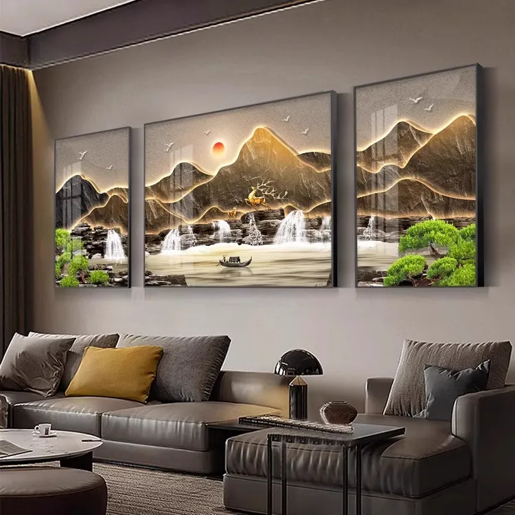 2025新款现代轻奢客厅装饰画大气沙发背景墙挂画山水画三联墙壁画