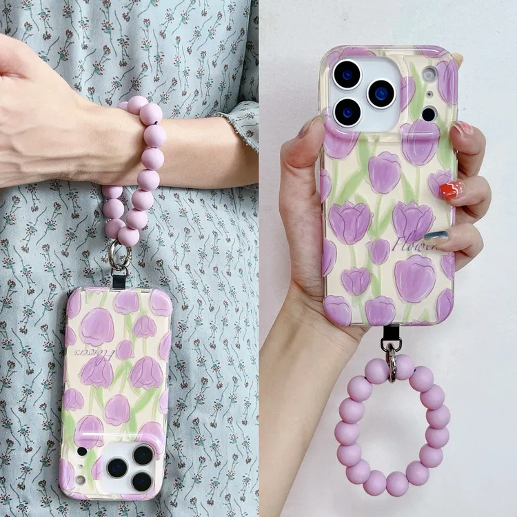 法式紫色郁金香花串珠手拎适用iphone17pro手机壳苹果16手腕15/14