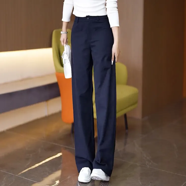 藏青色窄版阔腿裤女春秋季2025新款小个子直筒高腰垂感休闲西装裤