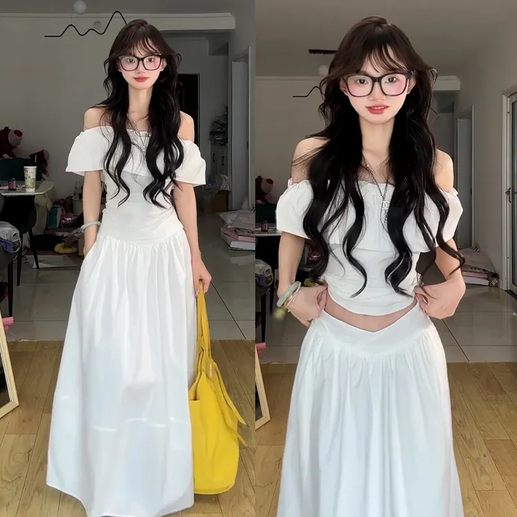 法式白色一字肩连衣裙子女夏季2025新款小个子气质收腰长裙小白裙