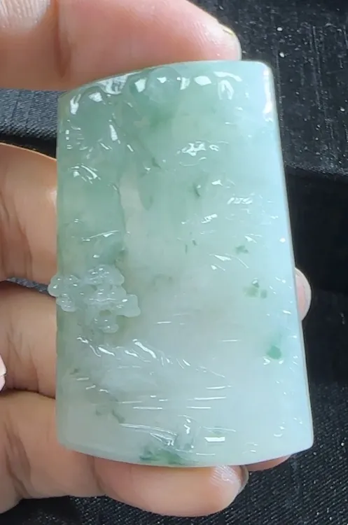 缅甸天然翡翠A货冰胶感飘蓝花山水牌